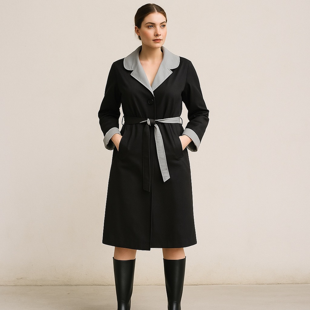 VINTAGE RAIN or SHINE Black Light Blue Classic Trench Coat w/ Tie Made in USA L